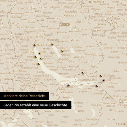Detail einer Schweiz-Karte als Pinn-Leinwand in Hale Navy (Dunkelblau-Gold) mit Pins rund um Zürich