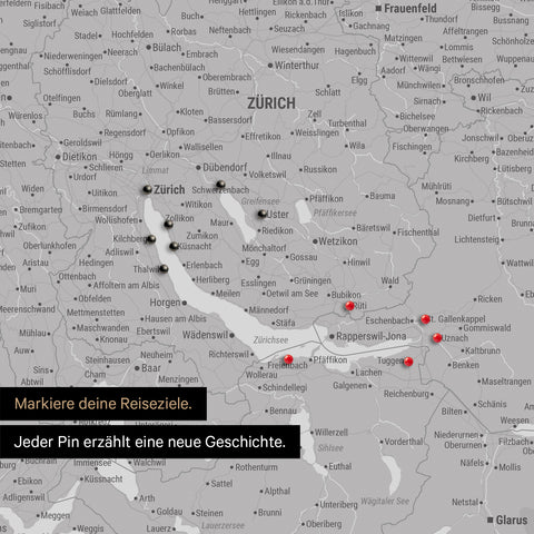 Detail einer Schweiz-Karte als Pinn-Leinwand in Hellgrau mit Pins rund um Zürich