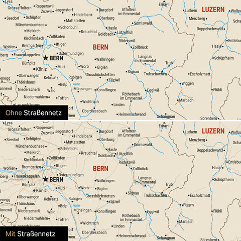 Schweiz-Karte Leinwand in Multicolor Classic wahlweise mit oder ohne Straßennetz