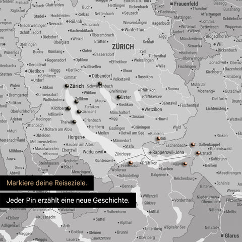 Detail einer Schweiz-Karte als Pinn-Leinwand in Multicolor Grau mit Pins rund um Zürich