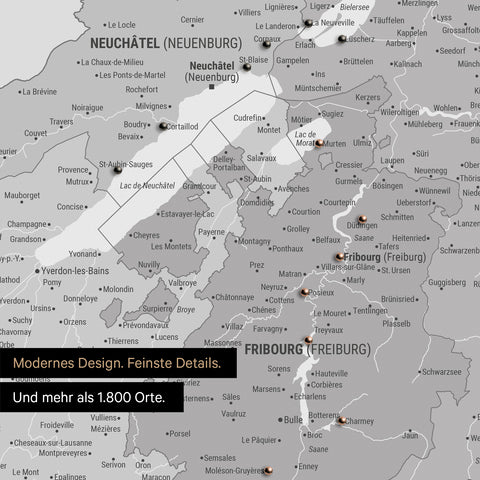 Ausschnitte einer Schweizkarte in der Region Freiburg und Thunersee als Pinn-Leinwand in Multicolor Grau mit 1.400 Orten