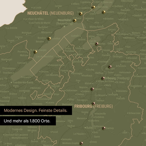 Ausschnitte einer Schweizkarte in der Region Freiburg und Thunersee als Pinn-Leinwand in Olive Green mit 1.400 Orten