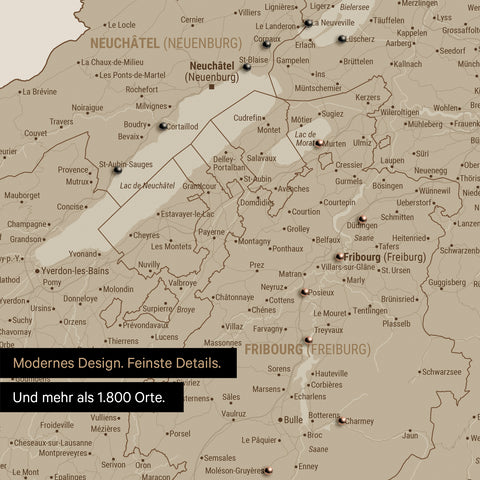 Ausschnitte einer Schweizkarte in der Region Freiburg und Thunersee als Pinn-Leinwand in Desert Sand (Beige) mit 1.400 Orten