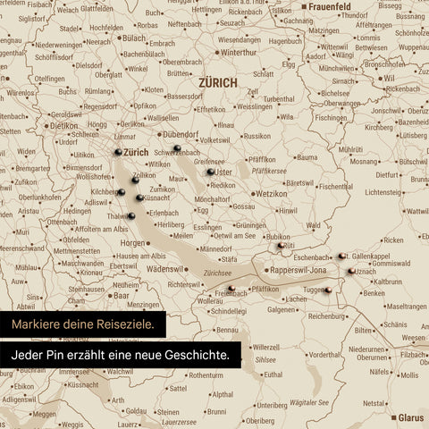 Ausschnitte einer Schweizkarte in der Region Freiburg und Thunersee als Pinn-Leinwand in Treasure Gold mit 1.400 Orten