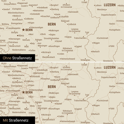 Detail einer Schweiz-Karte als Pinn-Leinwand in Treasure Gold mit Pins rund um Zürich