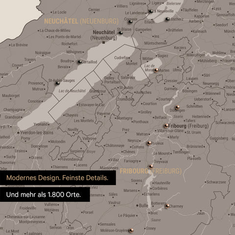 Ausschnitte einer Schweizkarte in der Region Freiburg und Thunersee als Pinn-Leinwand in Warmgray (Braun-Grau) mit 1.400 Orten