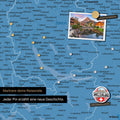 Detail einer magnetischen Schweiz-Karte als Magnettafel in Blau zeigt die Region um Zürich mit einem angepinnten Foto sowie Reise- und Urlaubsmagnete