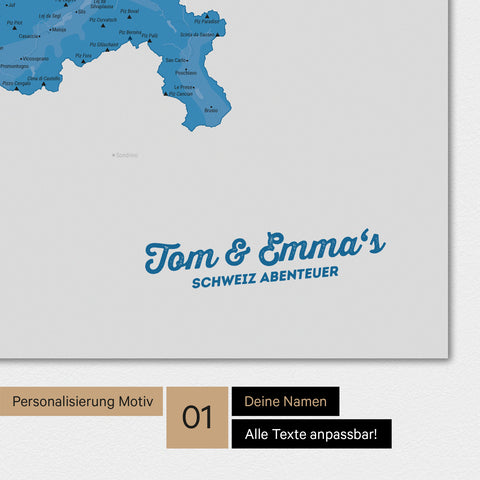 Magnetische Schweiz-Karte als Magnetboard in Blau mit Personalisierung und eigedruckten Namen