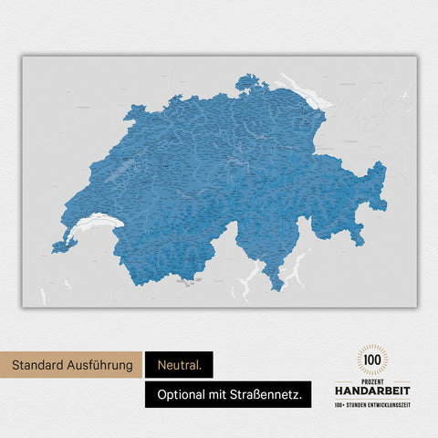 Neutrale und schlichte Ausführung einer magnetischen Schweiz-Karte in Blau