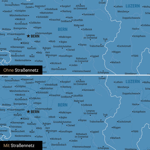 Magnetische Schweiz-Karte Leinwand in Blau wahlweise mit oder ohne Straßennetz