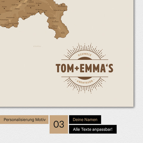 Schweiz-Karte Magnetboard in der Farbe Bronze mit Personalisierung als Logo im Vintage-Look