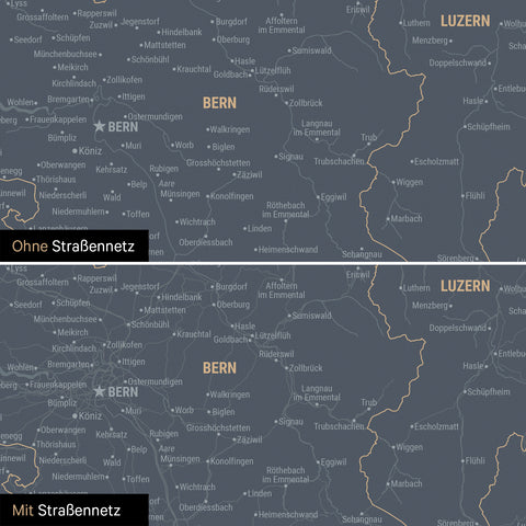 Magnetische Schweiz-Karte Leinwand in Denim Blue wahlweise mit oder ohne Straßennetz