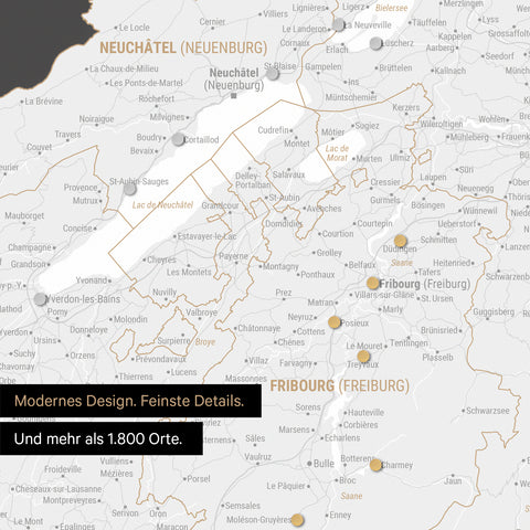 Ausschnitte einer Schweizkarte in der Region Freiburg und Thunersee in Dunkelgrau mit 1.400 Orten