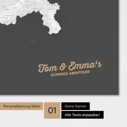 Magnetische Schweiz-Karte als Magnetboard in Dunkelgrau mit Personalisierung und eigedruckten Namen