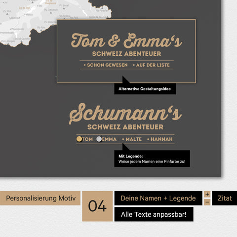 Magnetboard Schweiz-Karte in Dunkelgrau mit Personalisierung als Logo mit Familiennamen