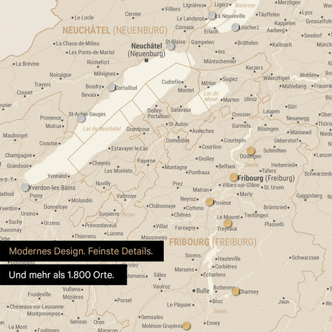 Ausschnitte einer Schweizkarte in der Region Freiburg und Thunersee in Gold mit 1.400 Orten