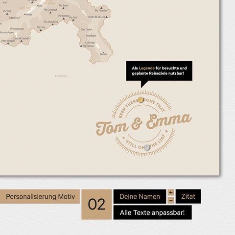Personalisierte Magnet-Schweiz-Karte in Gold mit eingedruckten Namen und einer Legende zur Markierung von besuchten Orten