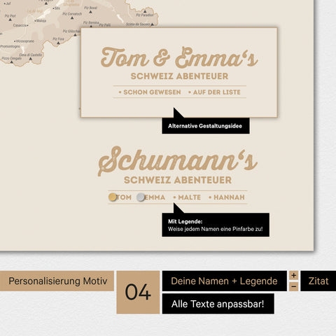 Magnetboard Schweiz-Karte in Gold mit Personalisierung als Logo mit Familiennamen