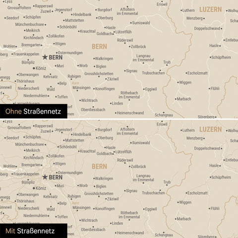 Magnetische Schweiz-Karte Leinwand in Gold wahlweise mit oder ohne Straßennetz