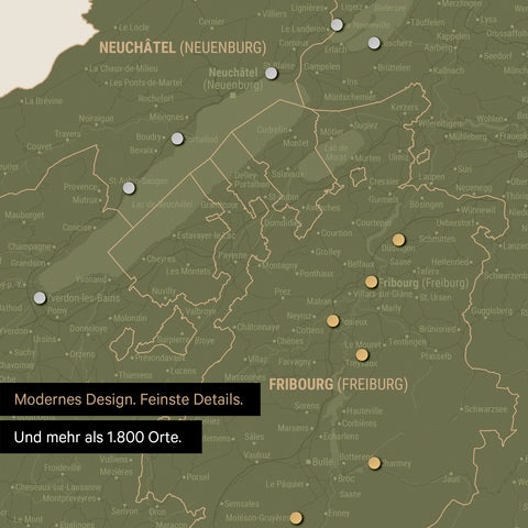 Ausschnitte einer Schweizkarte in der Region Freiburg und Thunersee in Olive Green mit 1.400 Orten