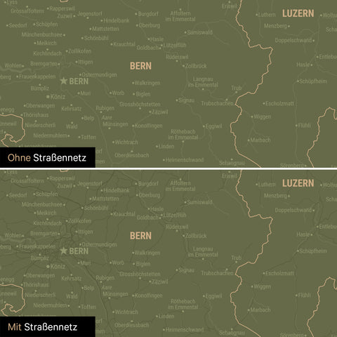 Magnetische Schweiz-Karte Leinwand in Olive Green wahlweise mit oder ohne Straßennetz