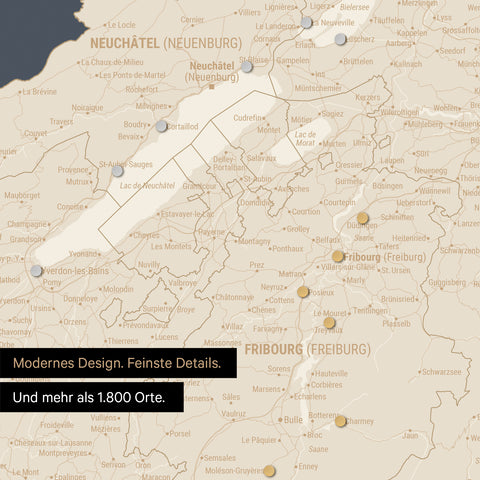 Ausschnitte einer Schweizkarte in der Region Freiburg und Thunersee in Hale Navy (Dunkelblau-Gold) mit 1.400 Orten