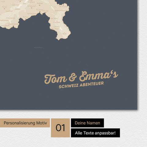 Magnetische Schweiz-Karte als Magnetboard in Hale Navy (Dunkelblau-Gold) mit Personalisierung und eigedruckten Namen