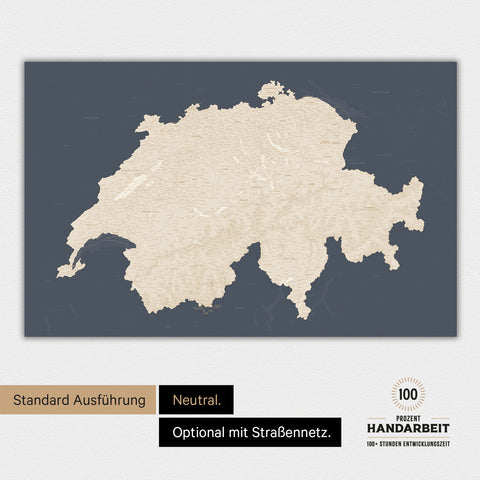 Neutrale und schlichte Ausführung einer magnetischen Schweiz-Karte in Hale Navy (Dunkelblau-Gold)