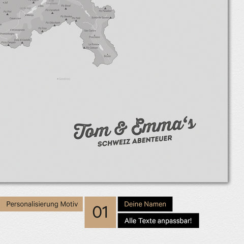 Magnetische Schweiz-Karte als Magnetboard in Hellgrau mit Personalisierung und eigedruckten Namen