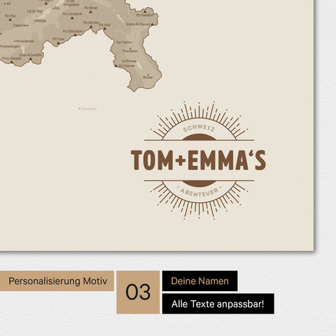 Schweiz-Karte Magnetboard in der Farbe Desert Sand (Beige) mit Personalisierung als Logo im Vintage-Look