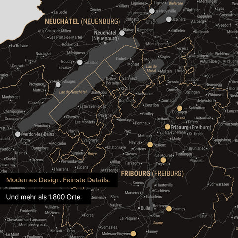 Ausschnitte einer Schweizkarte in der Region Freiburg und Thunersee in Light Black mit 1.400 Orten
