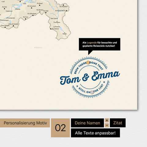 Personalisierte Magnet-Schweiz-Karte in Multicolor Classic mit eingedruckten Namen und einer Legende zur Markierung von besuchten Orten