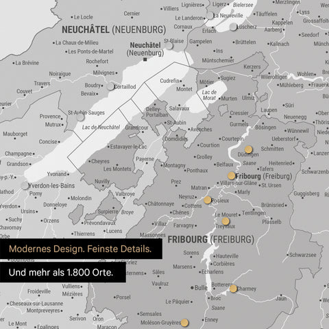 Ausschnitte einer Schweizkarte in der Region Freiburg und Thunersee in Multicolor Grau mit 1.400 Orten