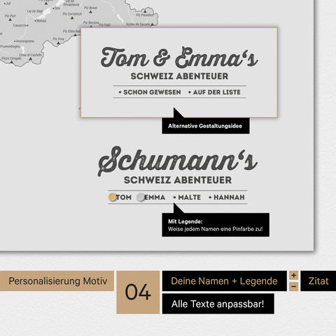 Magnetboard Schweiz-Karte in Multicolor Grau mit Personalisierung als Logo mit Familiennamen