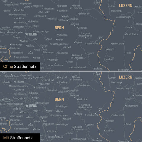 Magnetische Schweiz-Karte Leinwand in Navy Light wahlweise mit oder ohne Straßennetz