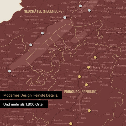 Ausschnitte einer Schweizkarte in der Region Freiburg und Thunersee in Bordeaux Rot mit 1.400 Orten
