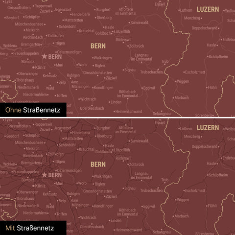 Magnetische Schweiz-Karte Leinwand in Bordeaux Rot wahlweise mit oder ohne Straßennetz