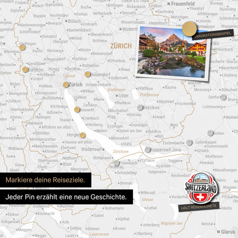 Detail einer magnetischen Schweiz-Karte als Magnettafel in Schwarz-Weiss zeigt die Region um Zürich mit einem angepinnten Foto sowie Reise- und Urlaubsmagnete