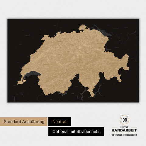 Neutrale und schlichte Ausführung einer magnetischen Schweiz-Karte in Sonar Black
