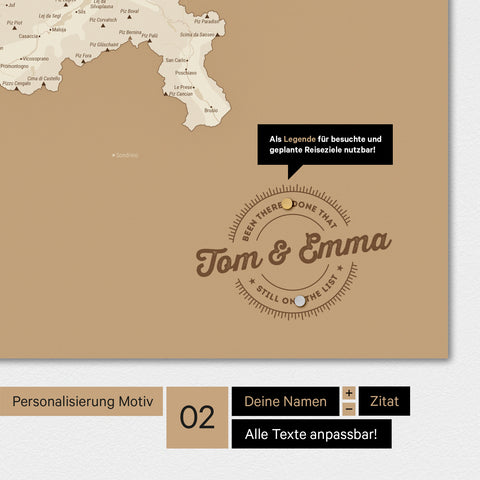 Personalisierte Magnet-Schweiz-Karte in Treasure Gold mit eingedruckten Namen und einer Legende zur Markierung von besuchten Orten