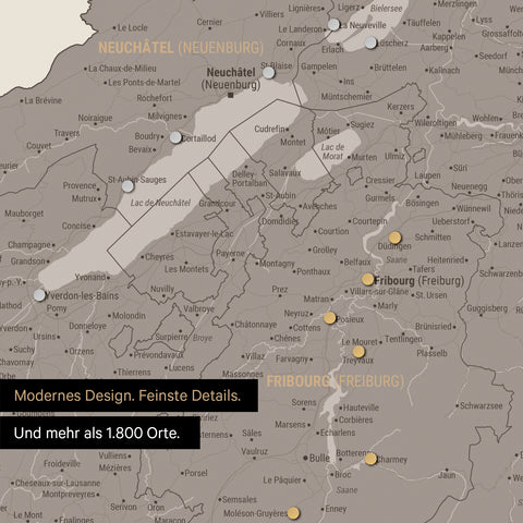 Ausschnitte einer Schweizkarte in der Region Freiburg und Thunersee in Warmgray (Braun-Grau) mit 1.400 Orten