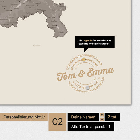 Personalisierte Magnet-Schweiz-Karte in Warmgray (Braun-Grau) mit eingedruckten Namen und einer Legende zur Markierung von besuchten Orten