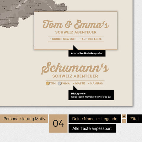 Magnetboard Schweiz-Karte in Warmgray (Braun-Grau) mit Personalisierung als Logo mit Familiennamen
