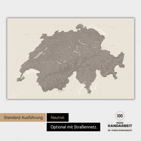 Neutrale und schlichte Ausführung einer magnetischen Schweiz-Karte in Warmgray (Braun-Grau)