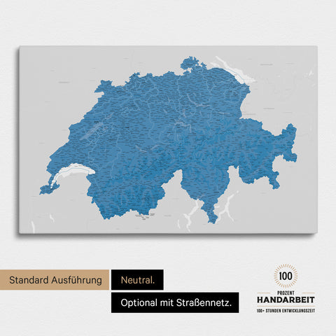 Neutrale und schlichte Standard-Ausführung einer Schweiz-Karte als Pinn-Leinwand in Treasure Blau