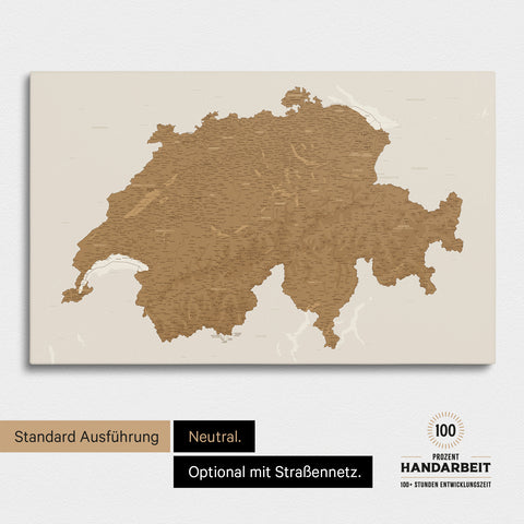 Neutrale und schlichte Standard-Ausführung einer Schweiz-Karte als Pinn-Leinwand in Treasure Gold