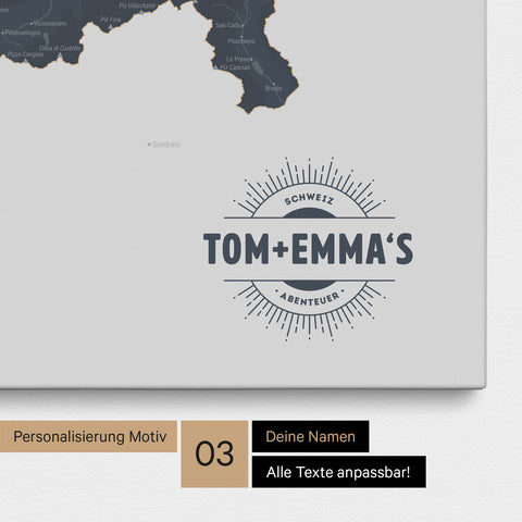 Schweiz-Karte als Pinn-Leinwand in Denim Blue mit eingedruckten Namen als Logo in Form einer Sonne