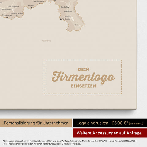 Schweiz-Karte als Pinn-Leinwand in Gold mit Eindruck eines Firmenlogos