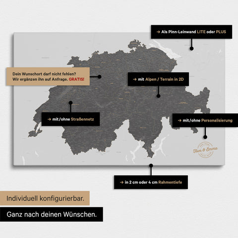 Vielfältige Konfigurationsmöglichkeiten einer Schweiz-Karte in Light Gray