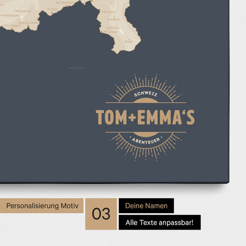 Schweiz-Karte als Pinn-Leinwand in Hale Navy (Dunkelblau-Gold) mit eingedruckten Namen als Logo in Form einer Sonne